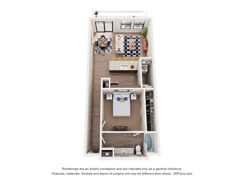 A 3D floor plan of a small apartment with a kitchen, living room, and bathroom.